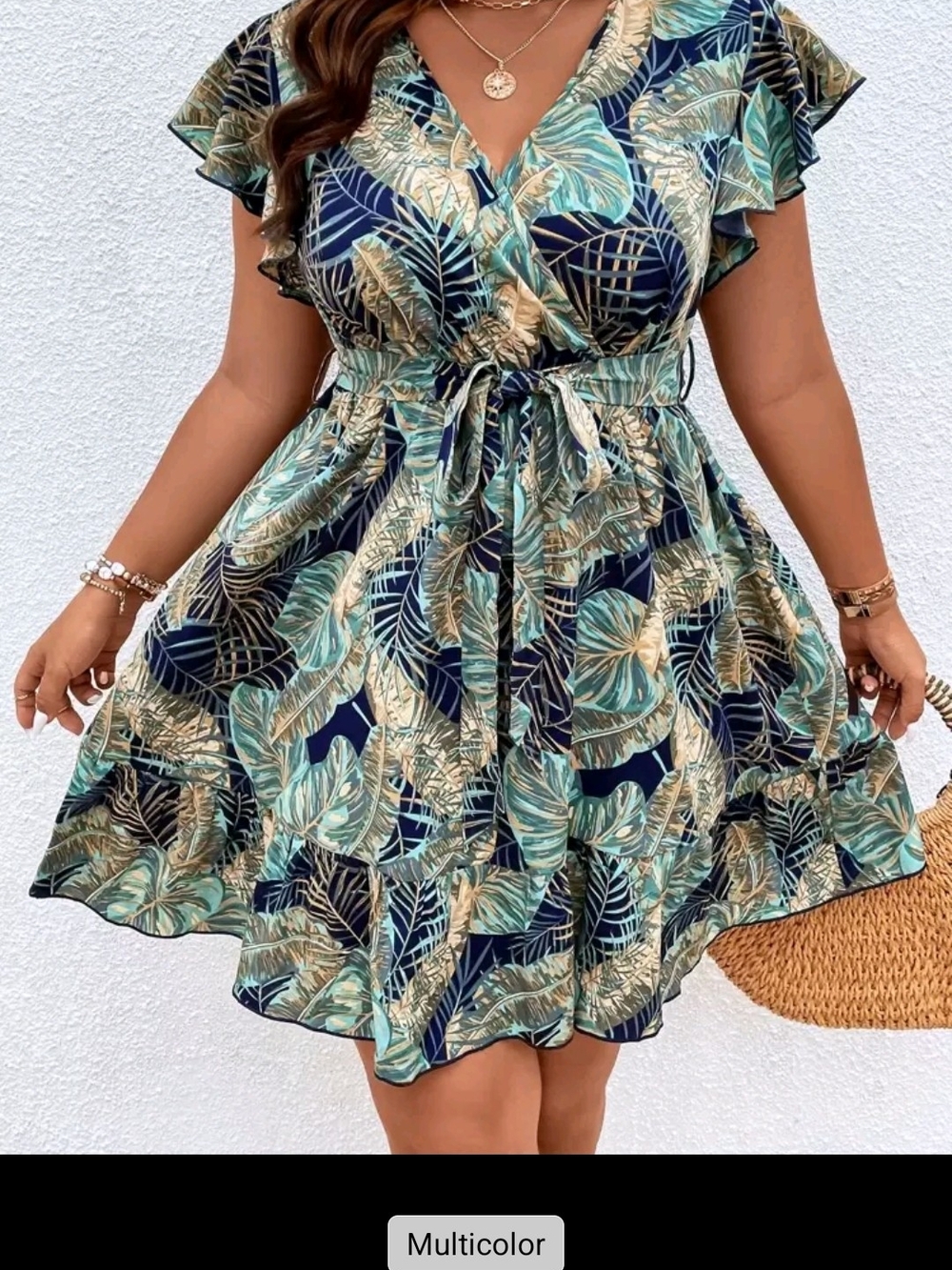 SHEIN Navy Multicolor Tropical Faux Wrap Tie-Waist Mini Dress